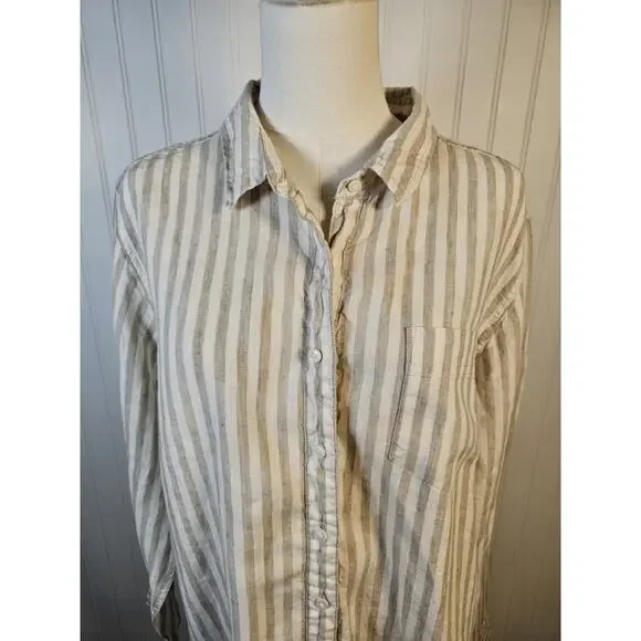 L.L Bean 100% Linen Striped Button Down Shirt Women's Size L Nautical Preppy - Picture 2 of 13